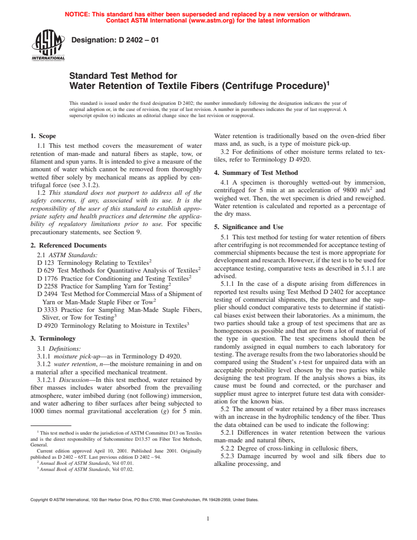 ASTM D2402-01 - Standard Test Method for Water Retention of Textile Fibers (Centrifuge Procedure)