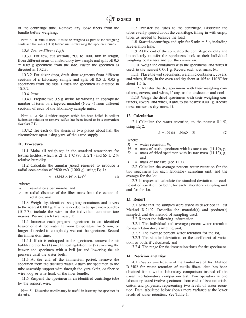 ASTM D2402-01 - Standard Test Method for Water Retention of Textile Fibers (Centrifuge Procedure)