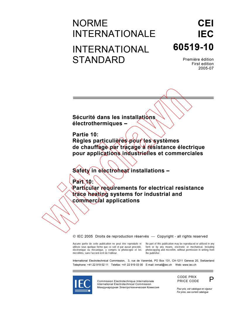IEC 60519-10:2005 - Safety in electroheat installations - Part 10: Particular requirements for electrical resistance trace heating systems for industrial and commercial applications
Released:7/27/2005
Isbn:283188134X