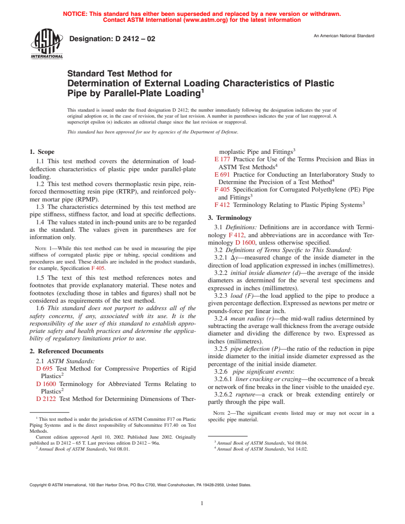 ASTM D2412-02 - Standard Test Method for Determination of External Loading Characteristics of Plastic Pipe by Parallel-Plate Loading