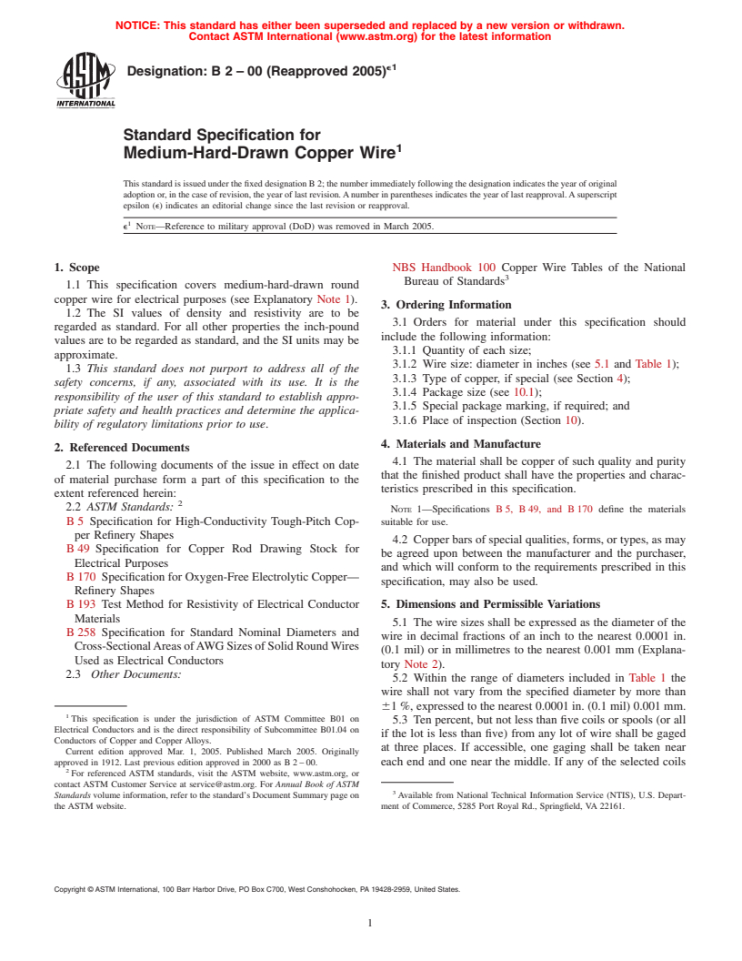 ASTM B2-00(2005)e1 - Standard Specification for Medium-Hard-Drawn Copper Wire