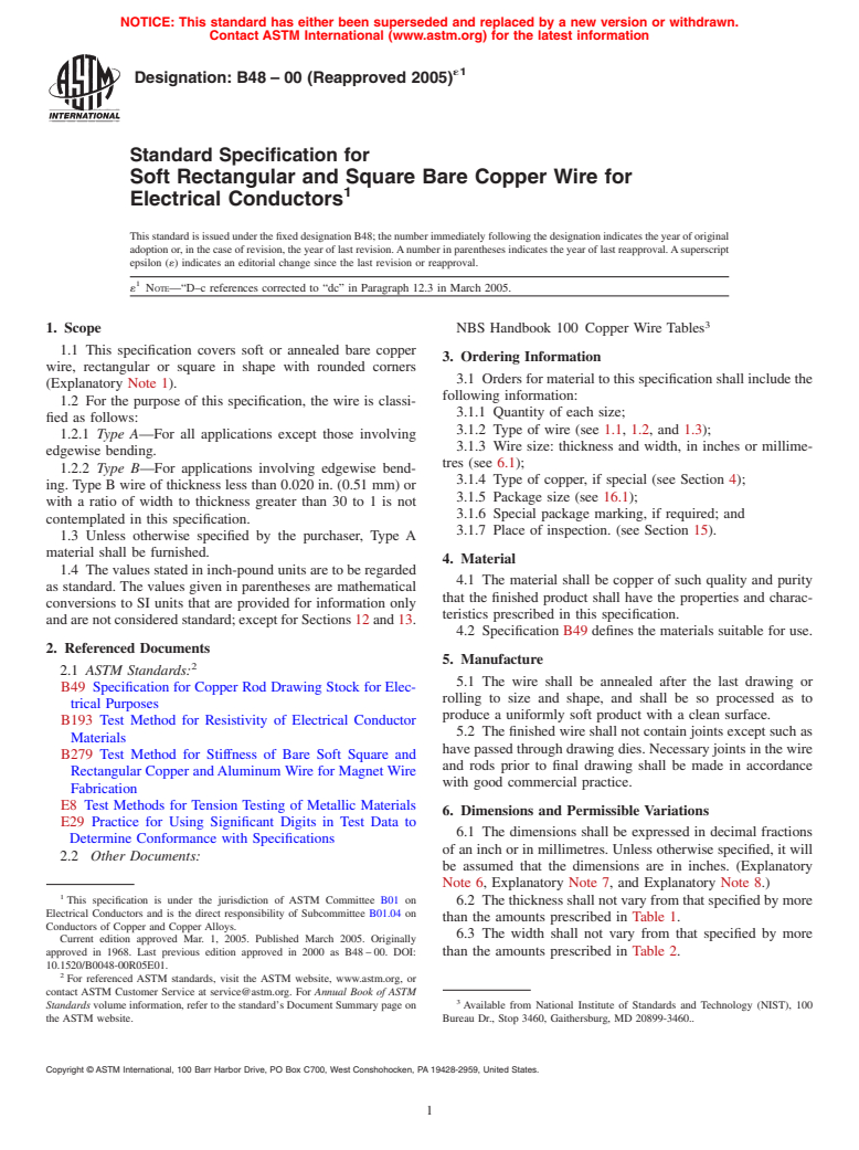 ASTM B48-00(2005)e1 - Standard Specification for Soft Rectangular and Square Bare Copper Wire for Electrical Conductors