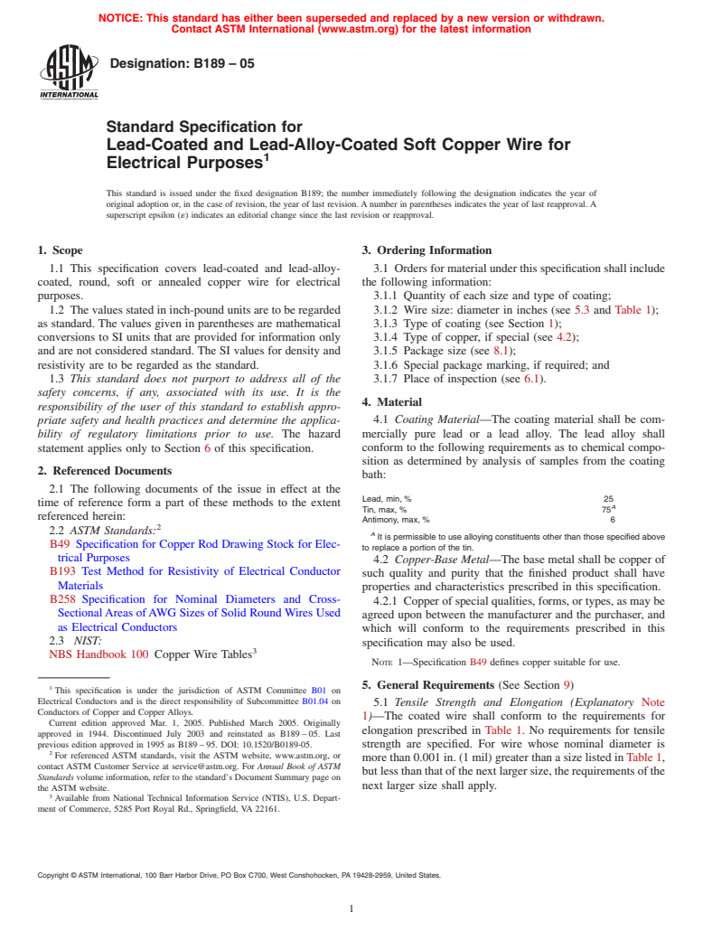 ASTM B189-05 - Standard Specification for Lead-Coated and Lead-Alloy-Coated Soft Copper Wire for Electrical Purposes