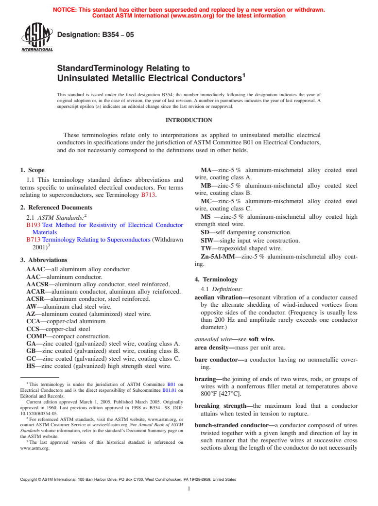 ASTM B354-05 - Standard Terminology Relating to Uninsulated Metallic Electrical Conductors