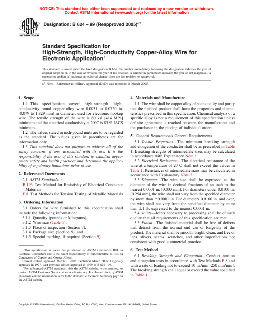 ASTM B624-99(2005)e1 - Standard Specification for High-Strength, High-Conductivity Copper-Alloy Wire for Electronic Application