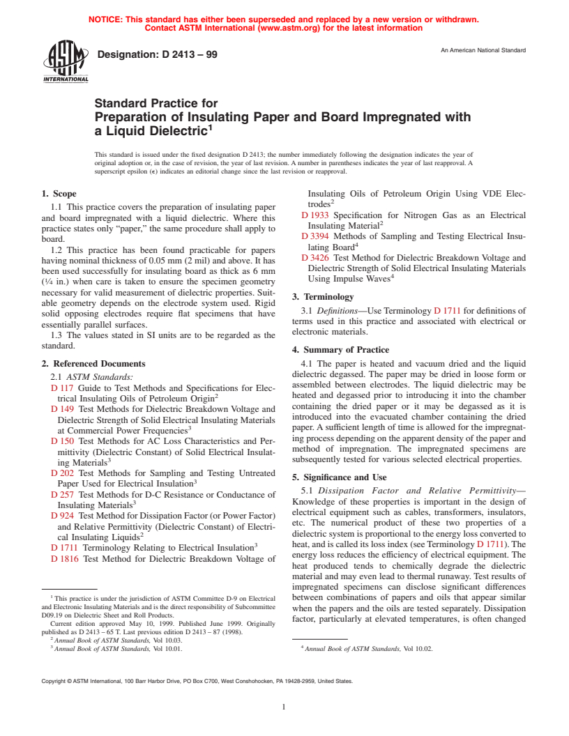 ASTM D2413-99 - Standard Practice for Preparation of Insulating Paper and Board Impregnated with a Liquid Dielectric