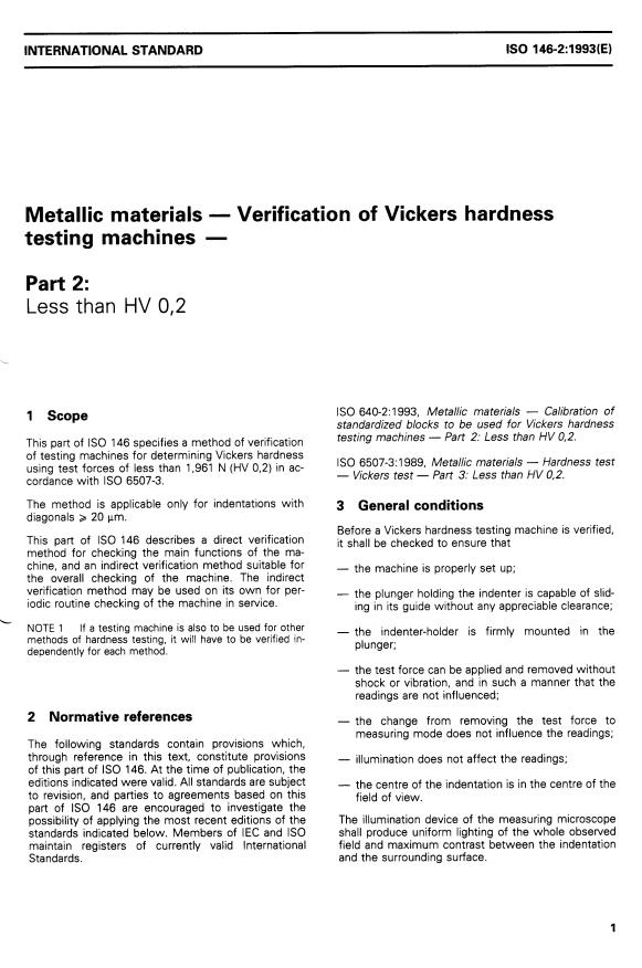 ISO 146-2:1993 - Metallic materials -- Verification of Vickers hardness testing machines