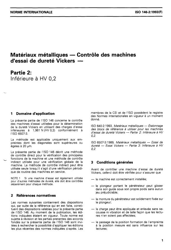 ISO 146-2:1993 - Matériaux métalliques -- Contrôle des machines d'essai de dureté Vickers