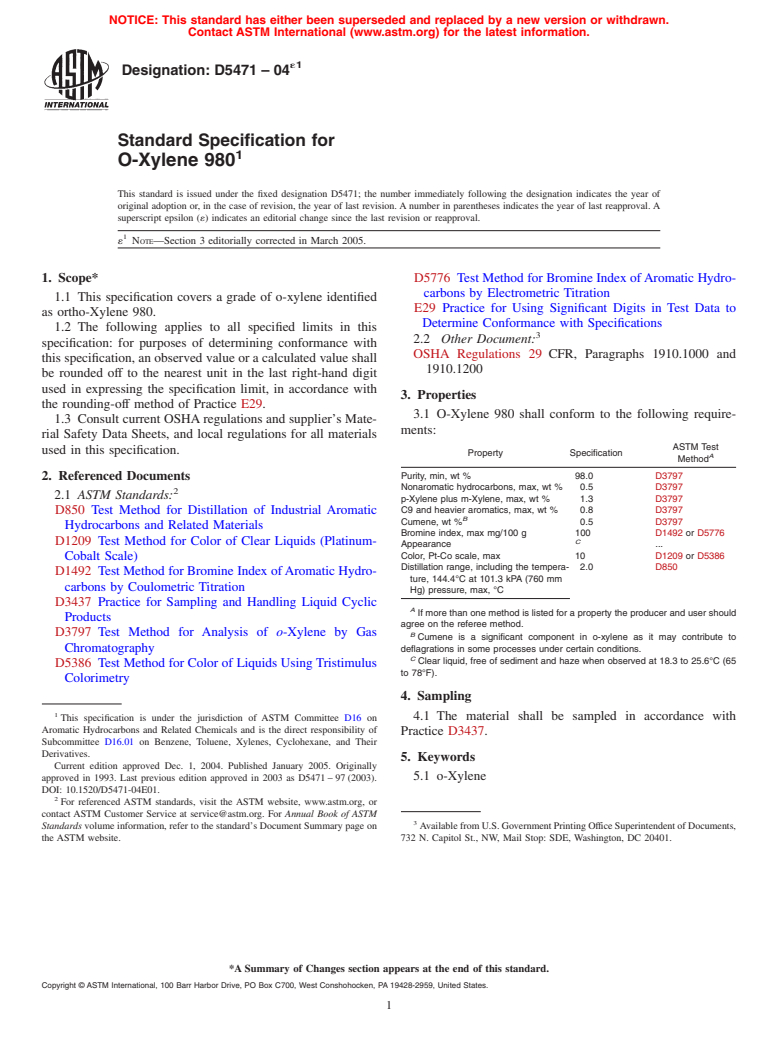 ASTM D5471-04e1 - Standard Specification for O-Xylene 980