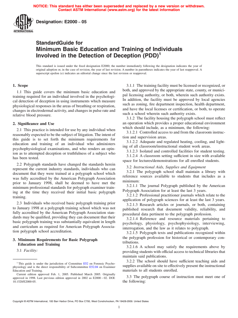 ASTM E2000-05 - Standard Guide for Minimum Basic Education and Training of Individuals Involved in the Detection of Deception (PDD) (Withdrawn 2014)