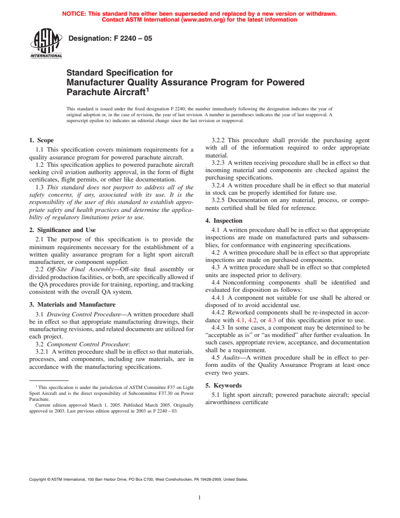 ASTM F2240-05 - Standard Specification for Manufacturer Quality Assurance Program for Powered Parachute Aircraft