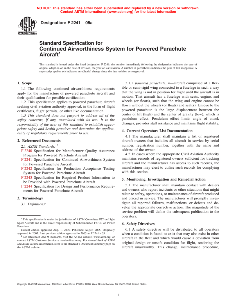 ASTM F2241-05 - Standard Specification for Continued Airworthiness System for Powered Parachute Aircraft