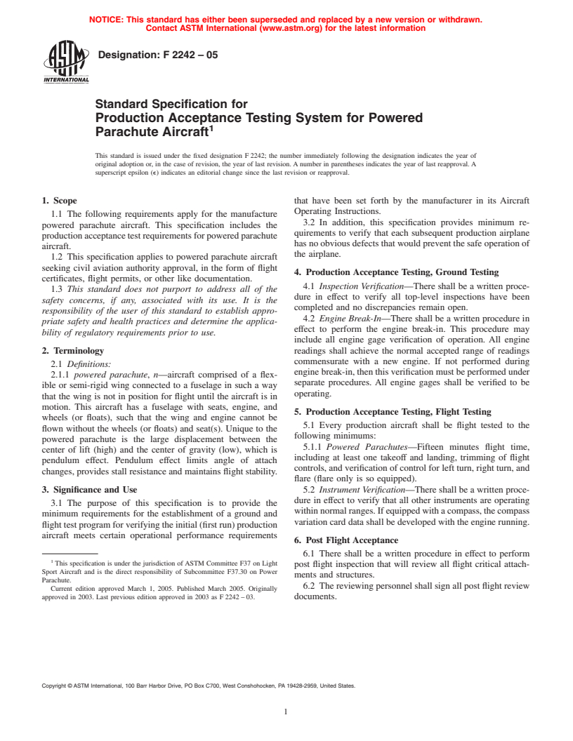 ASTM F2242-05 - Standard Specification for Production Acceptance Testing System for Powered Parachute Aircraft