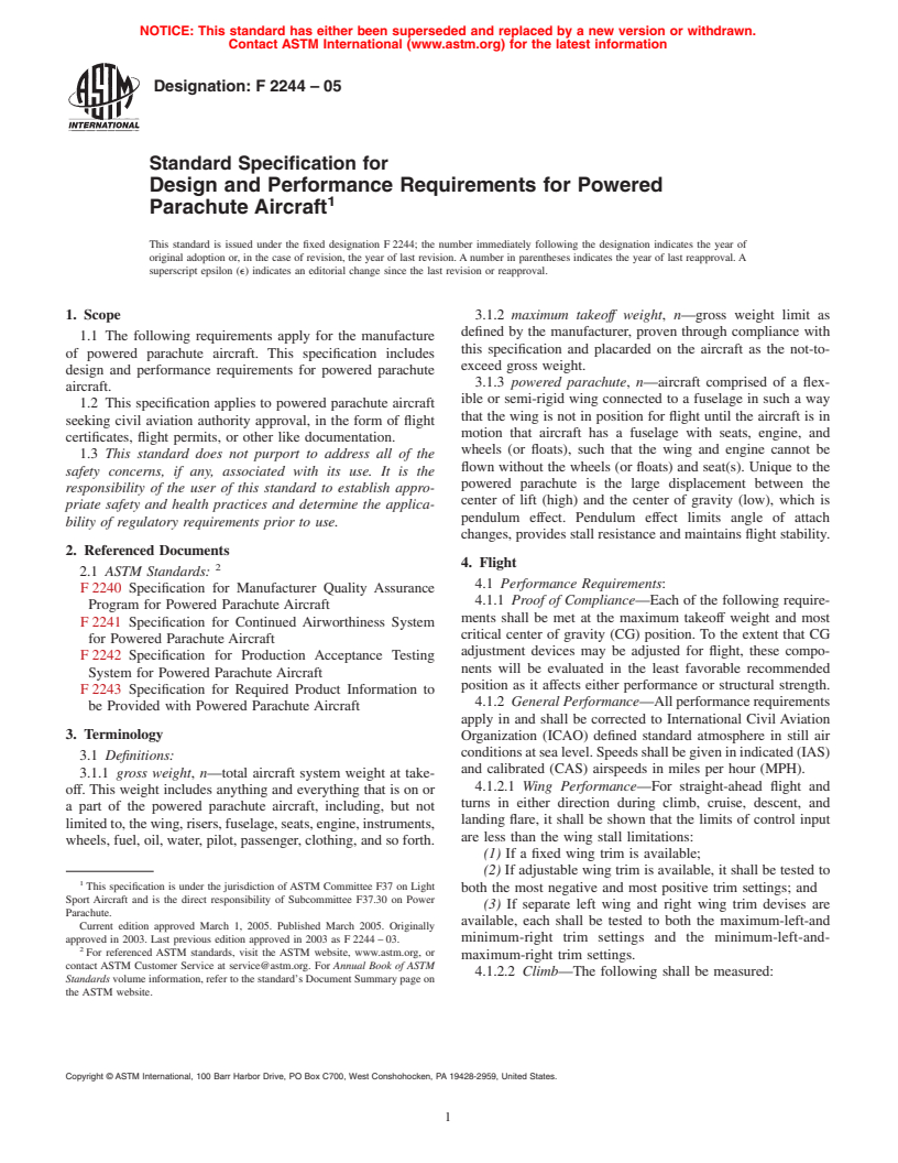 ASTM F2244-05 - Standard Specification for Design and Performance Requirements for Powered Parachute Aircraft