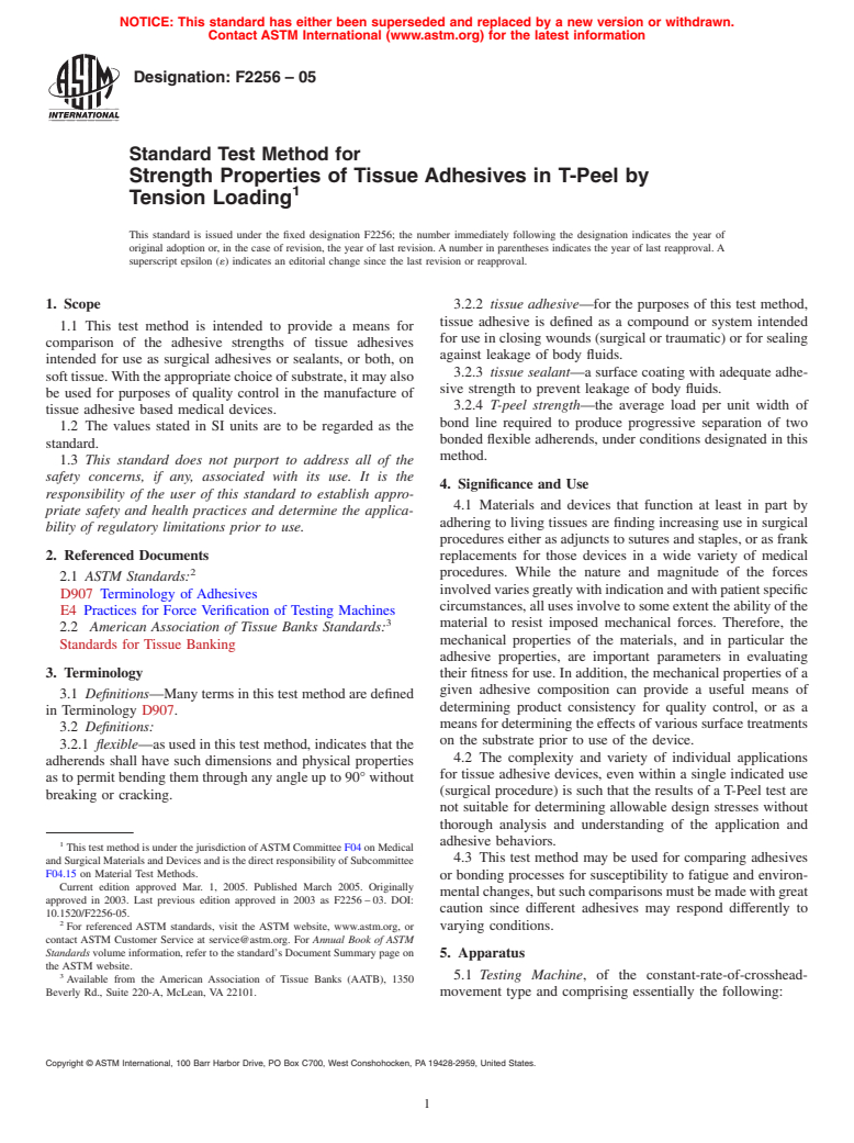 ASTM F2256-05 - Standard Test Method for Strength Properties of Tissue Adhesives in T-Peel by Tension Loading