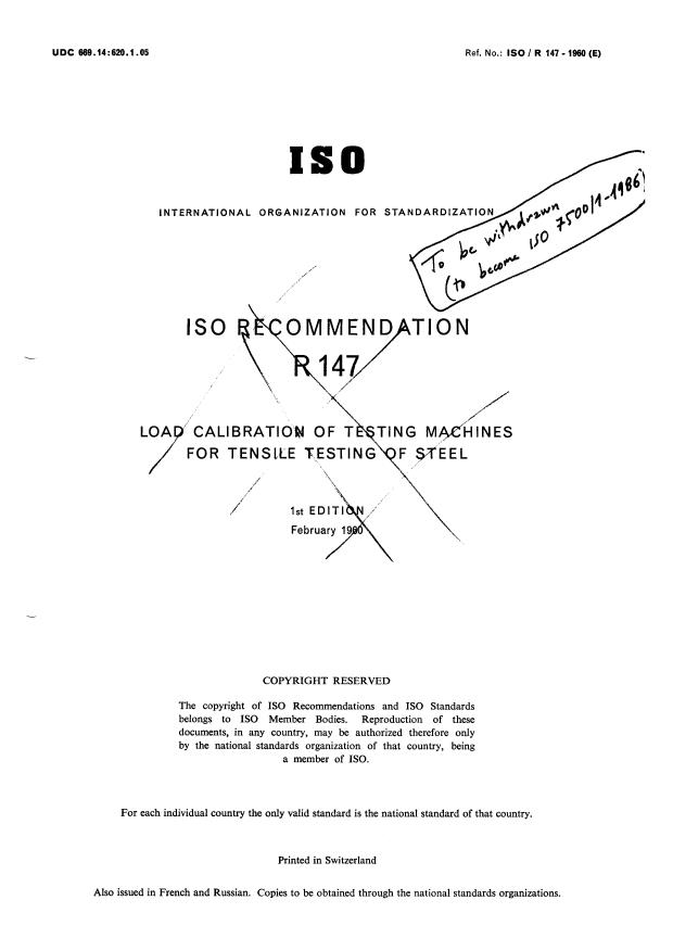 ISO/R 147:1960 - Load calibration of testing machines for tensile testing of steel