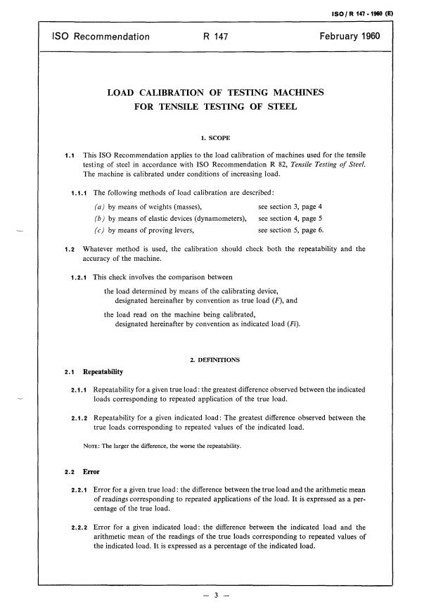 ISO/R 147:1960 - Load calibration of testing machines for tensile testing of steel