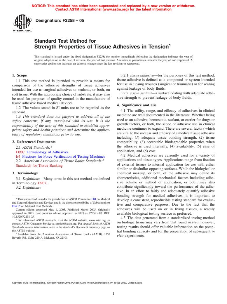 ASTM F2258-05 - Standard Test Method for Strength Properties of Tissue Adhesives in Tension