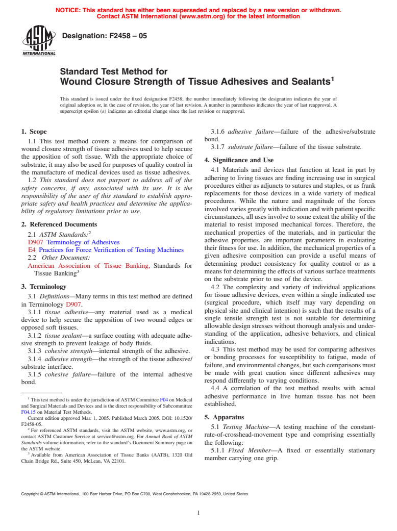 ASTM F2458-05 - Standard Test Method for Wound Closure Strength of Tissue Adhesives and Sealants