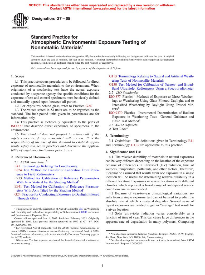 ASTM G7-05 - Standard Practice for Atmospheric Environmental Exposure Testing of Nonmetallic Materials