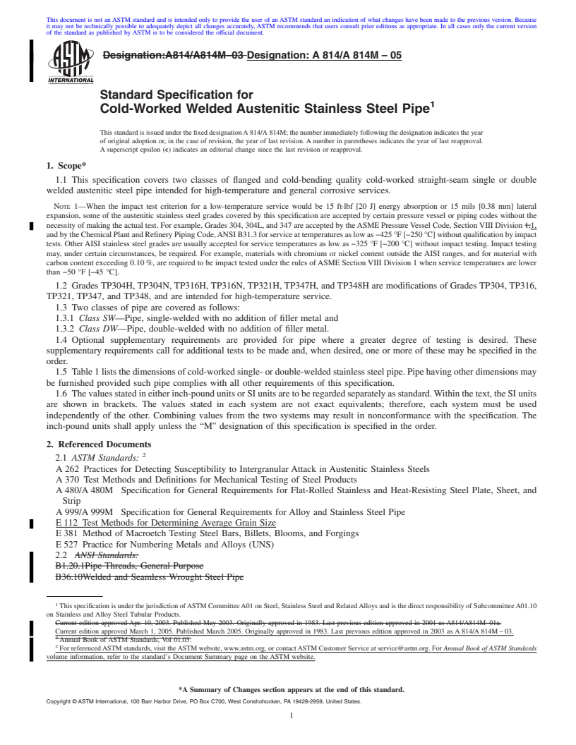 REDLINE ASTM A814/A814M-05 - Standard Specification for Cold-Worked Welded Austenitic Stainless Steel Pipe