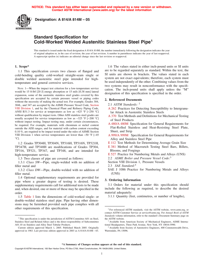 ASTM A814/A814M-05 - Standard Specification for Cold-Worked Welded Austenitic Stainless Steel Pipe