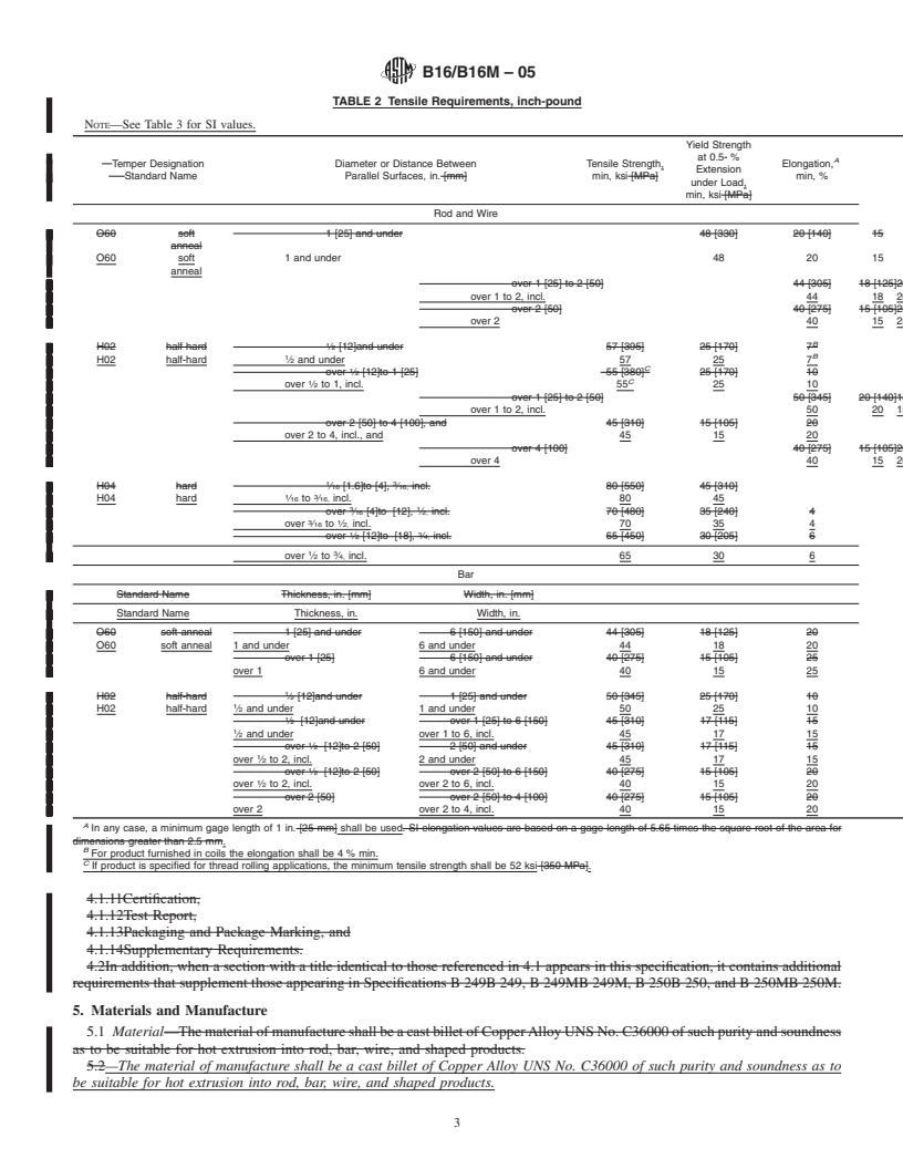 REDLINE ASTM B16/B16M-05 - Standard Specification for Free-Cutting Brass Rod, Bar and Shapes for Use in Screw Machines