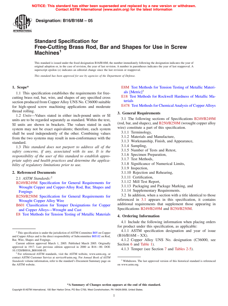 ASTM B16/B16M-05 - Standard Specification for Free-Cutting Brass Rod, Bar and Shapes for Use in Screw Machines