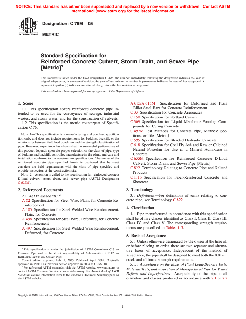 ASTM C76M-05 - Standard Specification for Reinforced Concrete Culvert, Storm Drain, and Sewer Pipe (Metric)