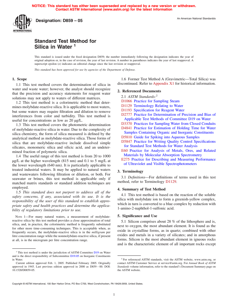 ASTM D859-05 - Standard Test Method for Silica in Water