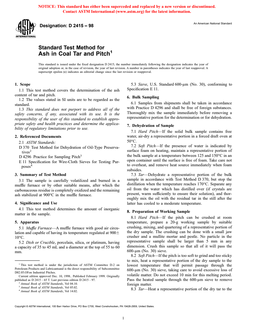 ASTM D2415-98 - Standard Test Method for Ash in Coal Tar and Pitch