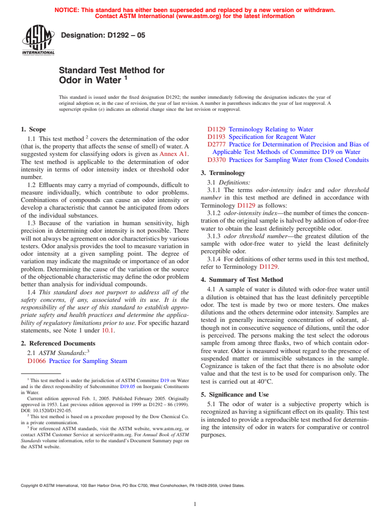 ASTM D1292-05 - Standard Test Method for Odor in Water