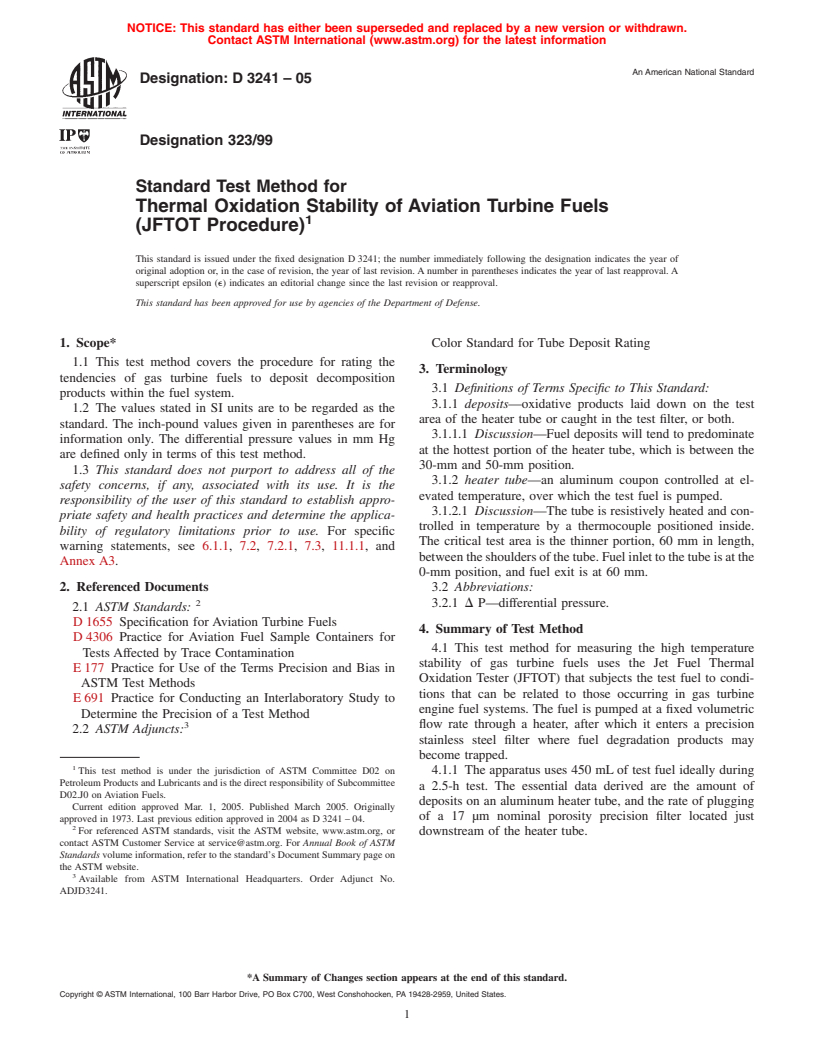 ASTM D3241-05 - Standard Test Method for Thermal Oxidation Stability of Aviation Turbine Fuels (JFTOT Procedure)