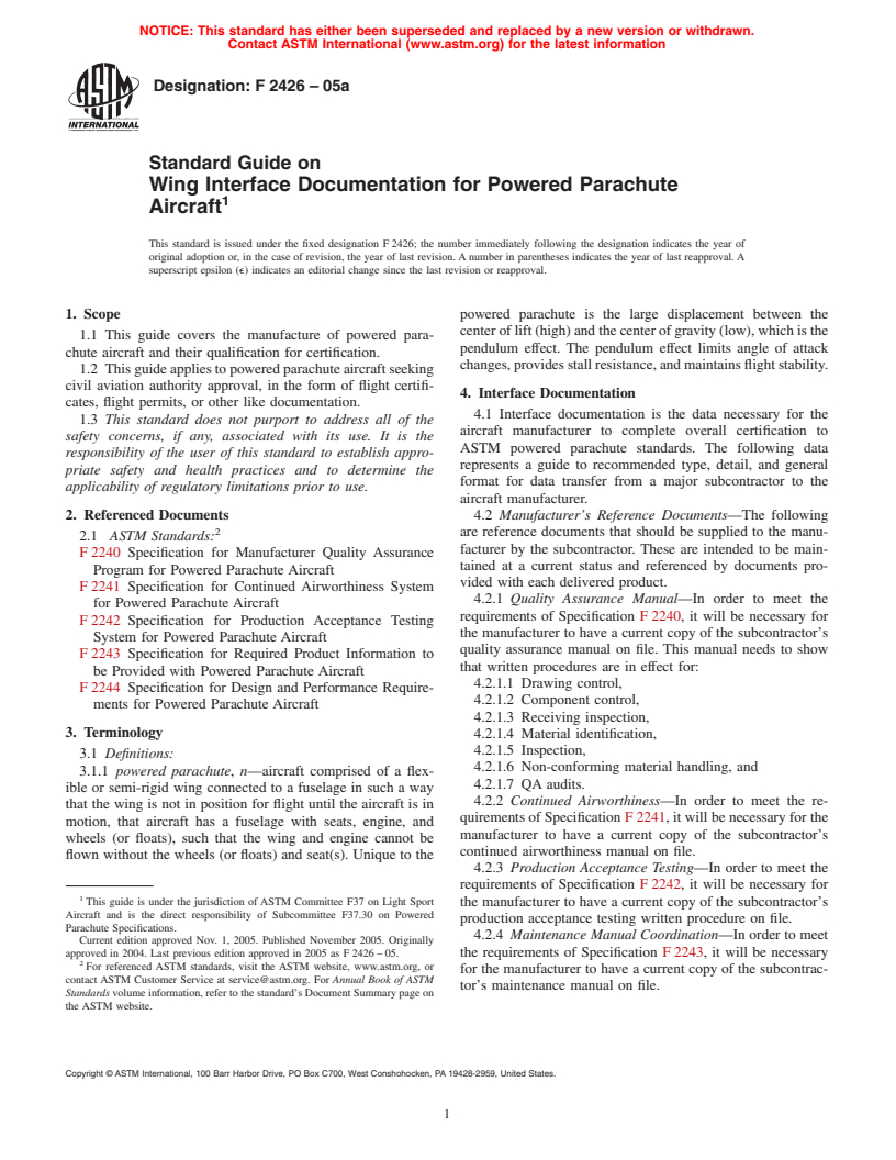 ASTM F2426-05 - Standard Guide on Wing Interface Documentation for Powered Parachute Aircraft