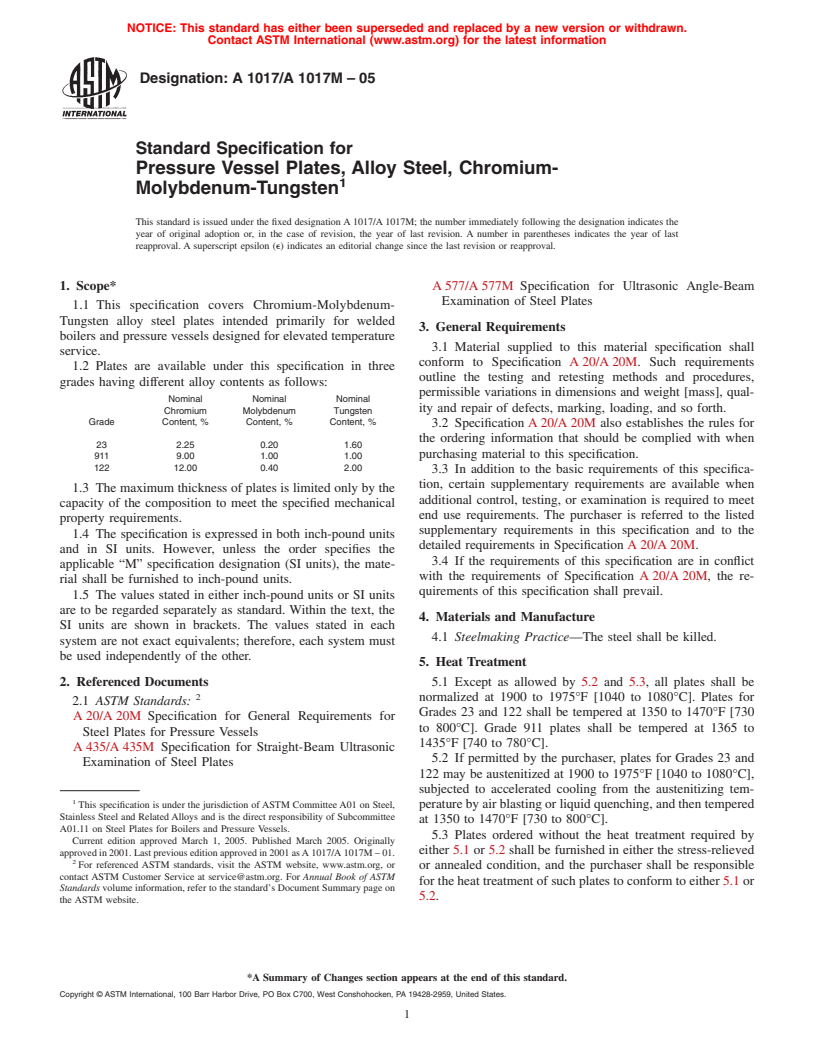 ASTM A1017/A1017M-05 - Standard Specification for Pressure Vessel Plates, Alloy Steel, Chromium-Molybdenum-Tungsten