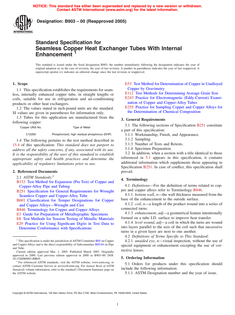 ASTM B903-00(2005) - Standard Specification for Seamless Copper Heat Exchanger Tubes With Internal Enhancement