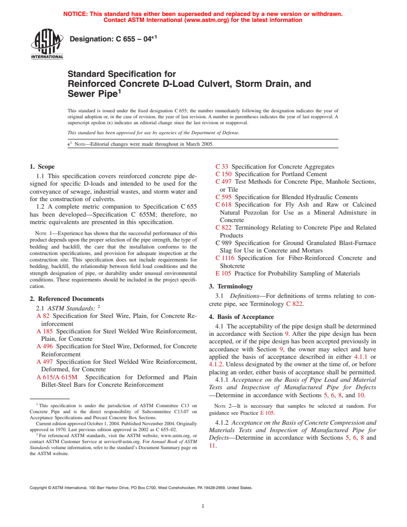 ASTM C655-04e1 - Standard Specification for Reinforced Concrete D-Load Culvert, Storm Drain, and Sewer Pipe