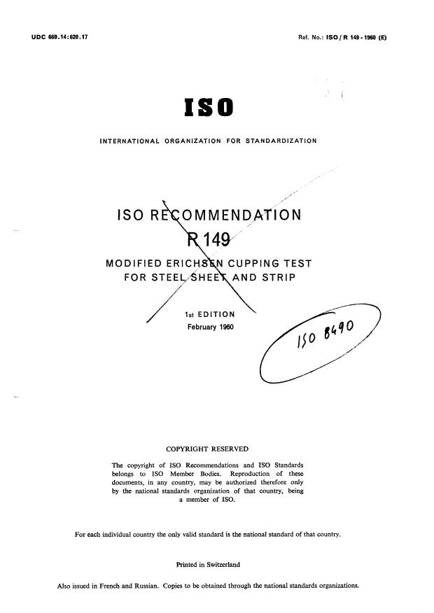 ISO/R 149:1960 - Modified Erichsen cupping test for steel sheet and strip
