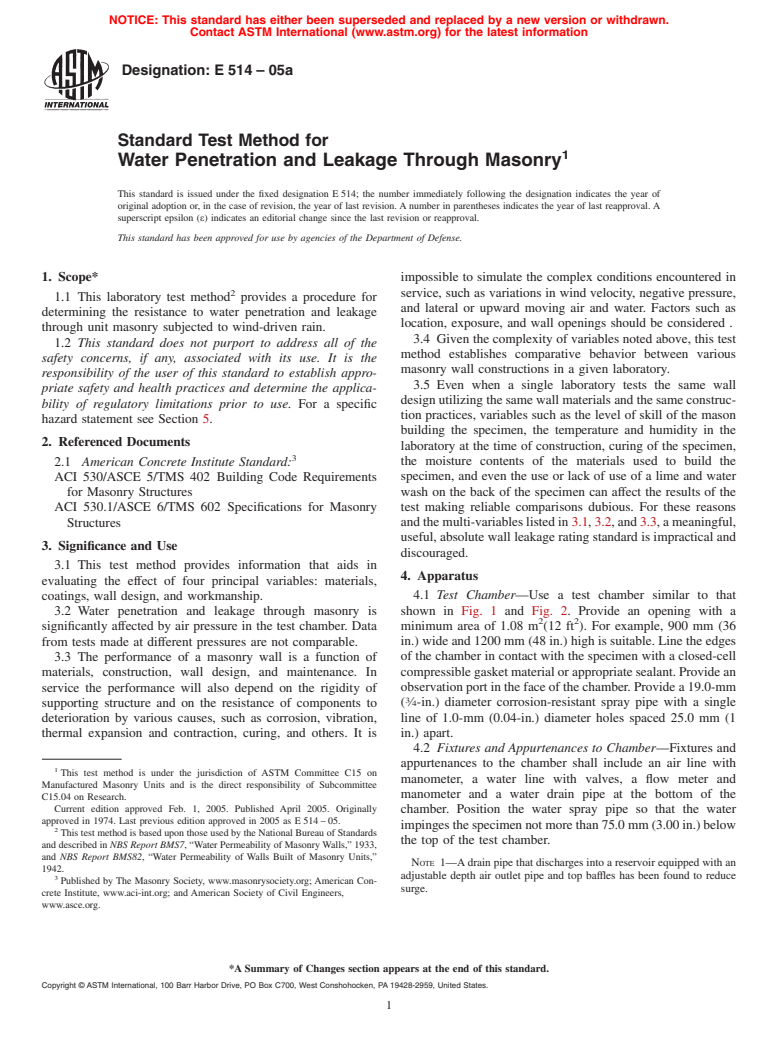 ASTM E514-05a - Standard Test Method for Water Penetration and Leakage Through Masonry