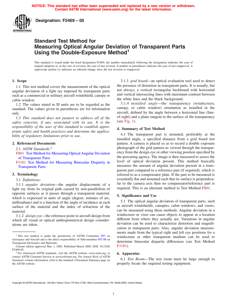 ASTM F2469-05 - Standard Test Method for Measuring Optical Angular Deviation of Transparent Parts Using the Double-Exposure Method