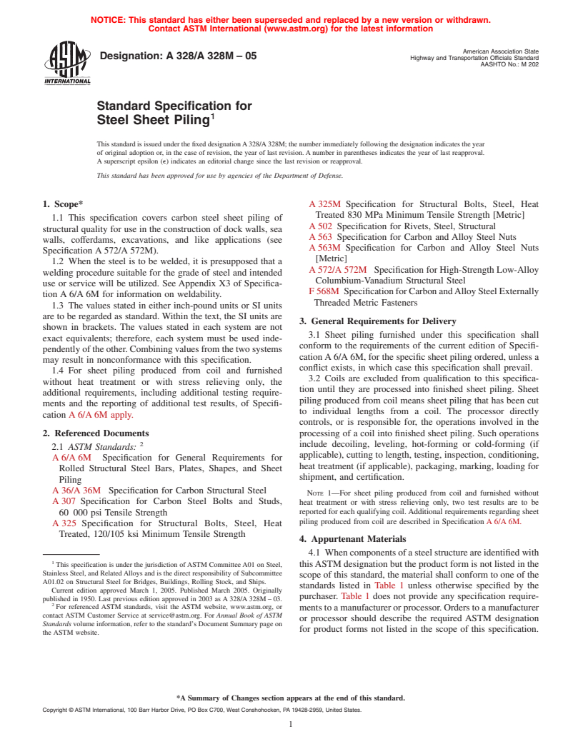 ASTM A328/A328M-05 - Standard Specification for Steel Sheet Piling