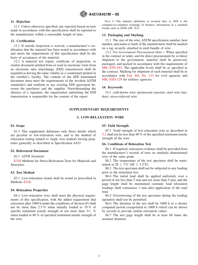 ASTM A421/A421M-05 - Standard Specification for Uncoated Stress-Relieved Steel Wire for Prestressed Concrete