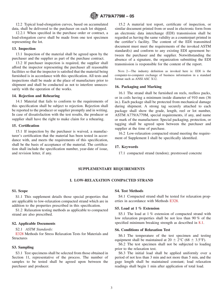 ASTM A779/A779M-05 - Standard Specification for Steel Strand, Seven-Wire, Uncoated, Compacted, Stress-Relieved for Prestressed Concrete