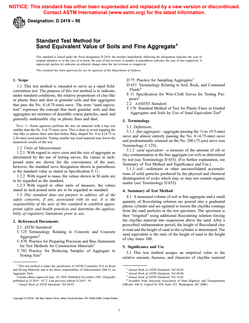 ASTM D2419-95 - Standard Test Method for Sand Equivalent Value of Soils and Fine Aggregate