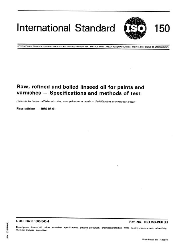 ISO 150:1980 - Raw, refined and boiled linseed oil for paints and varnishes -- Specifications and methods of test