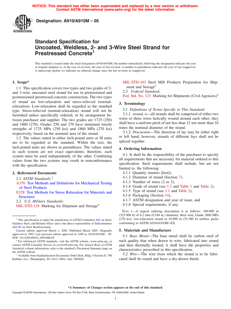 ASTM A910/A910M-05 - Standard Specification for Uncoated, Weldless, 2- and 3-Wire Steel Strand for Prestressed Concrete