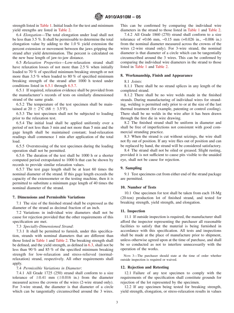 ASTM A910/A910M-05 - Standard Specification for Uncoated, Weldless, 2- and 3-Wire Steel Strand for Prestressed Concrete