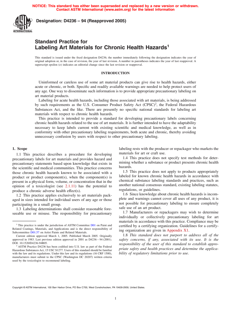 ASTM D4236-94(2005) - Standard Practice for Labeling Art Materials for Chronic Health Hazards