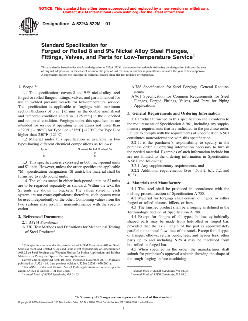 ASTM A522/A522M-01 - Standard Specification for Forged or Rolled 8 and 9% Nickel Alloy Steel Flanges, Fittings, Valves, and Parts for Low-Temperature Service
