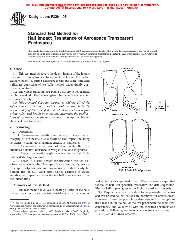 ASTM F320-05 - Standard Test Method for Hail Impact Resistance of Aerospace Transparent Enclosures